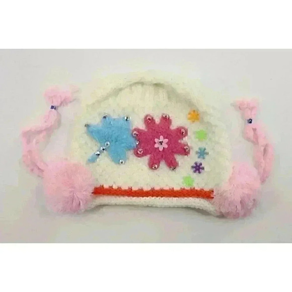 HAND knitted girl hat with knitted applique with beads for 3-6 year old. NEW. - Picture 4 of 7
